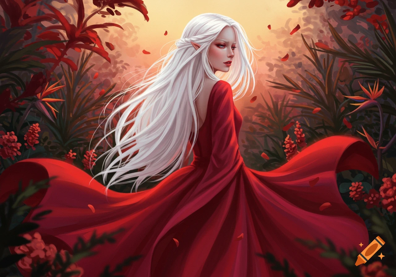 An elf-like woman with long white hair and a flowing red dress stands in a vibrant red and green fantasy forest.