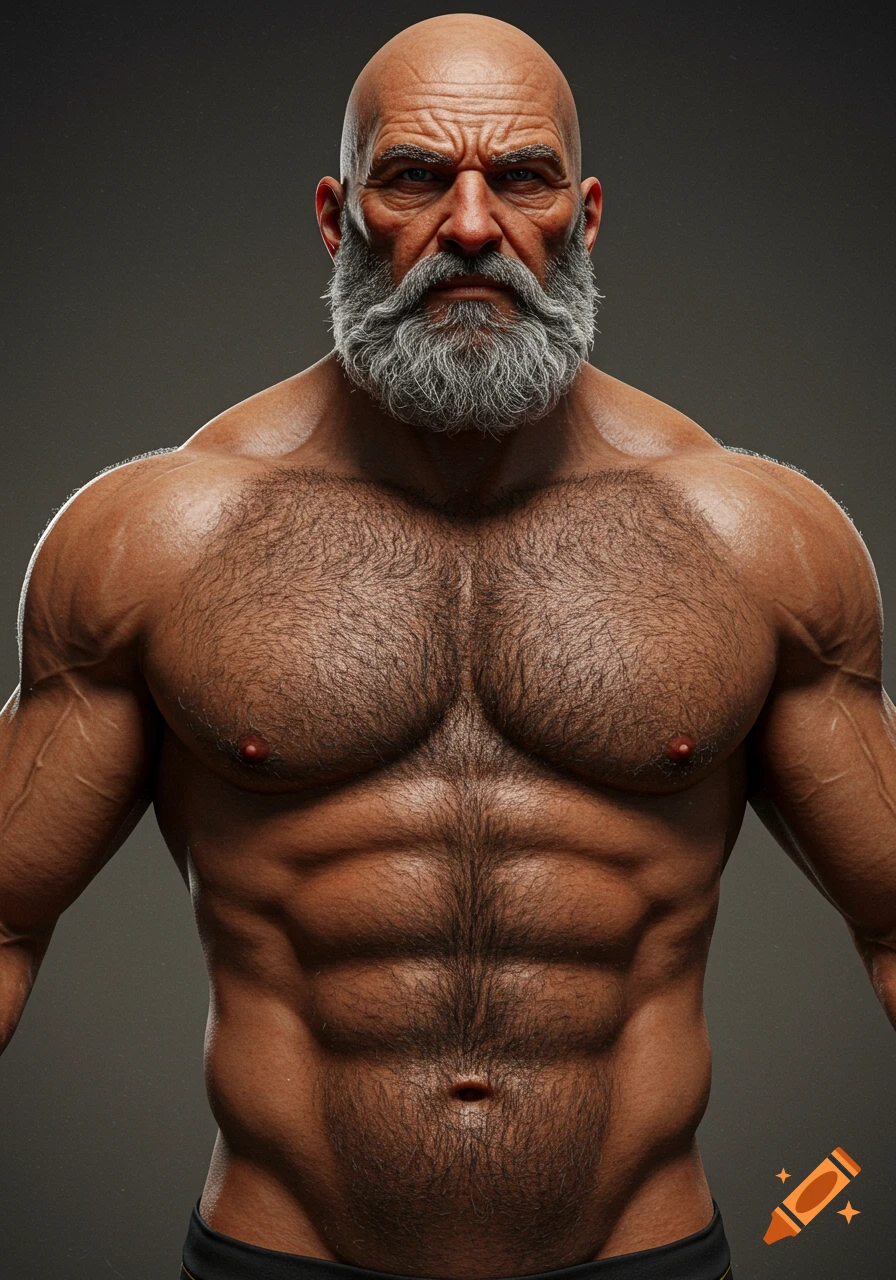 A close-up, photorealistic portrait of a heavily muscled, bald, bearded, hairy man with a stern expression, against a dark background.