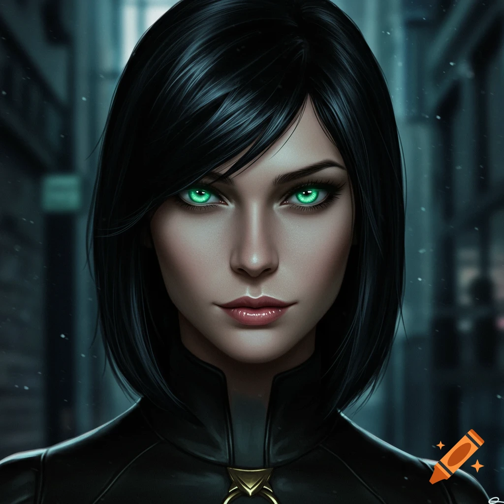 Close-up digital art portrait of a woman with short black hair, glowing green eyes, and a black leather outfit.