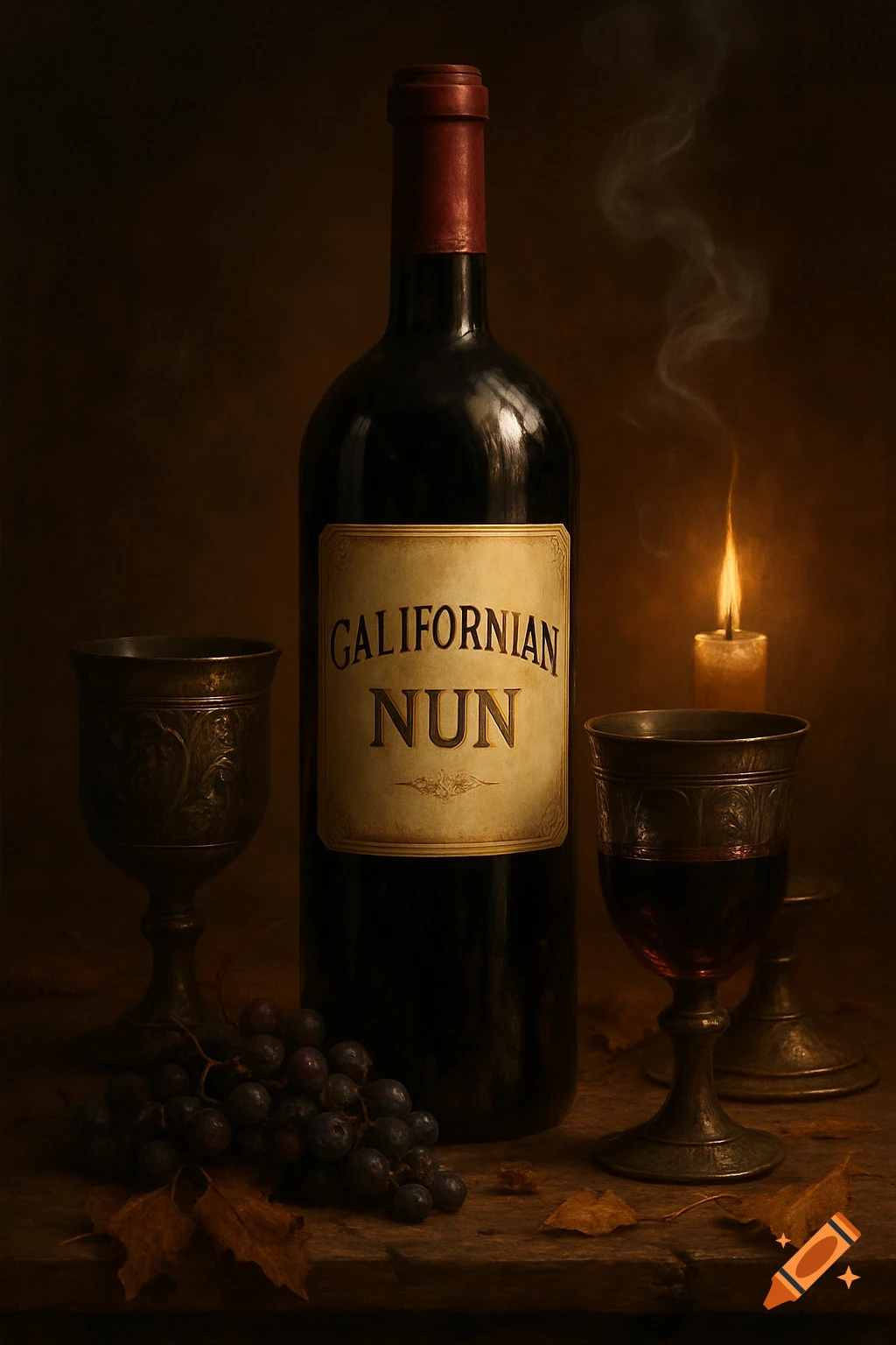 A dark, moody still life featuring a wine bottle labeled "Californian Nun," two ornate goblets, grapes, and a lit candle.