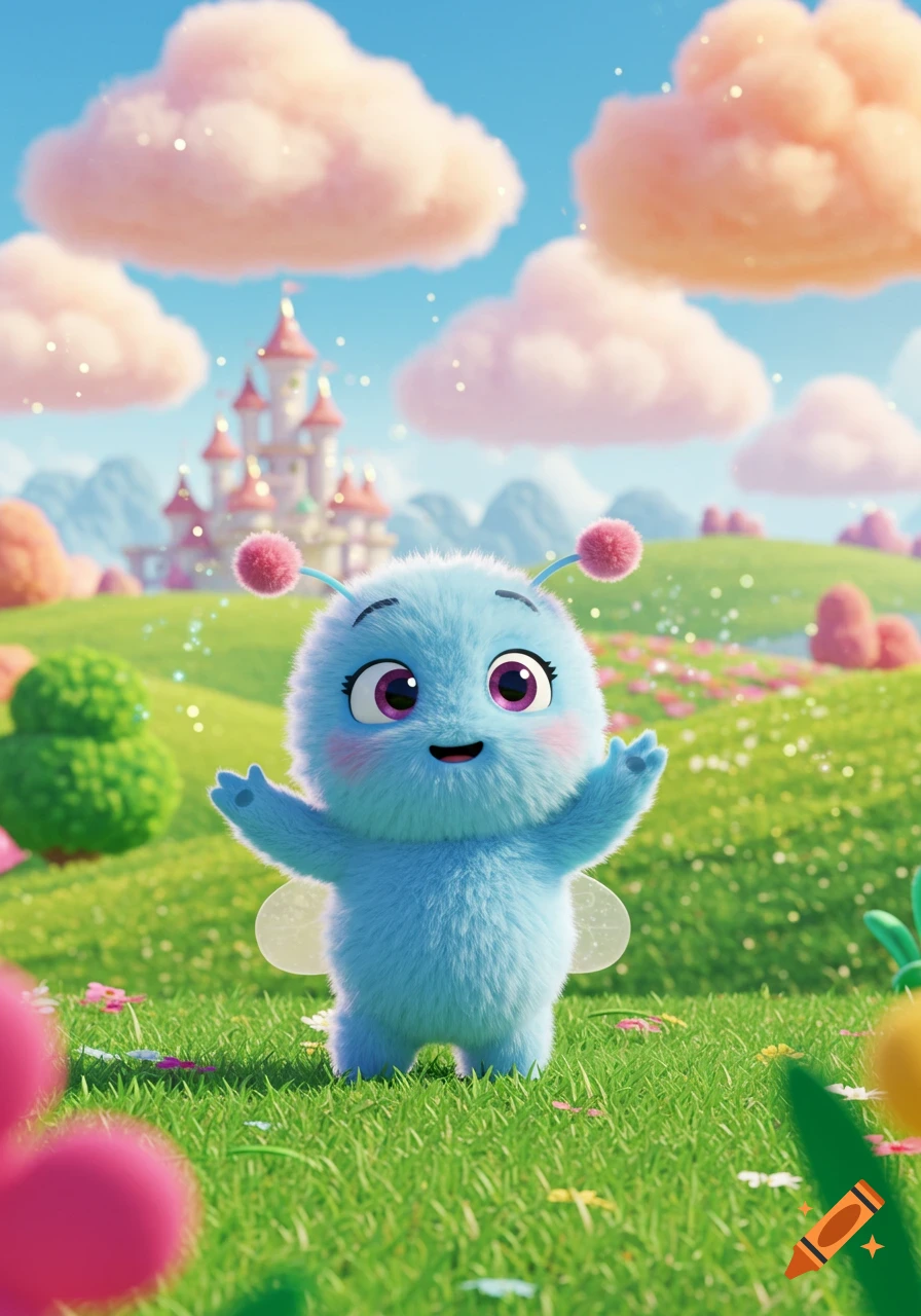 A cute, fluffy blue creature with pink antennae and wings stands in a green field with a pink castle and clouds in the background, 3D animated.