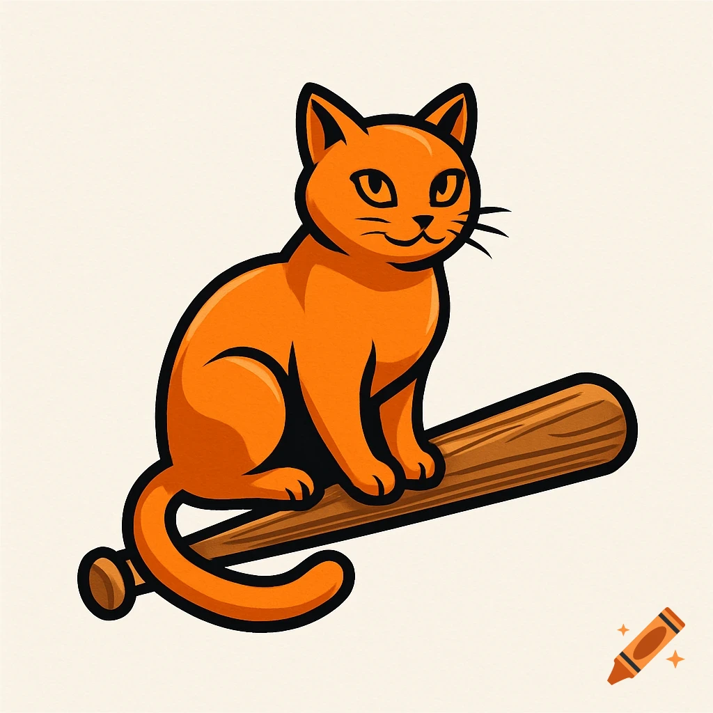 A cartoon orange cat with black outlines sits on a brown baseball bat against a light background.