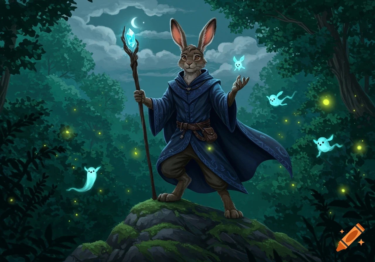 A harefolk wizard in blue robes stands on a mossy rock in a moonlit forest, holding a glowing crystal staff and conjuring luminous spirits.