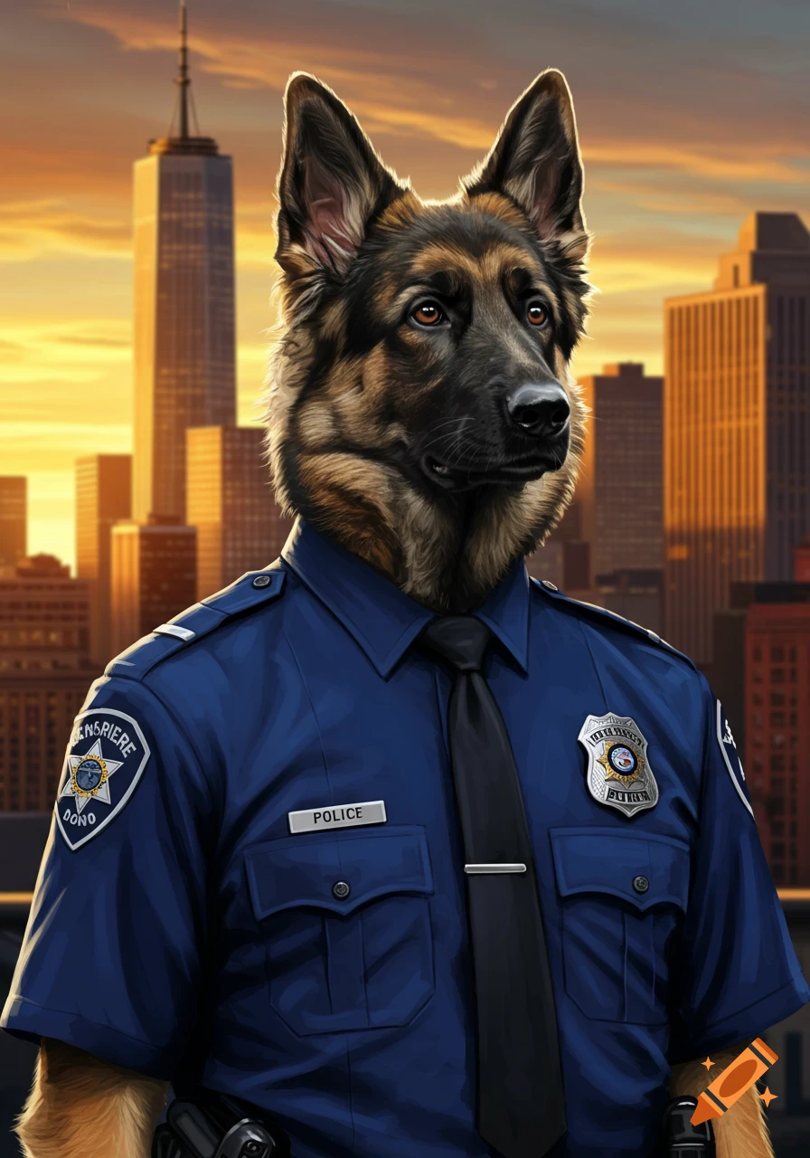 A stylized portrait of a German Shepherd dog wearing a blue police uniform with a city skyline at sunset in the background.