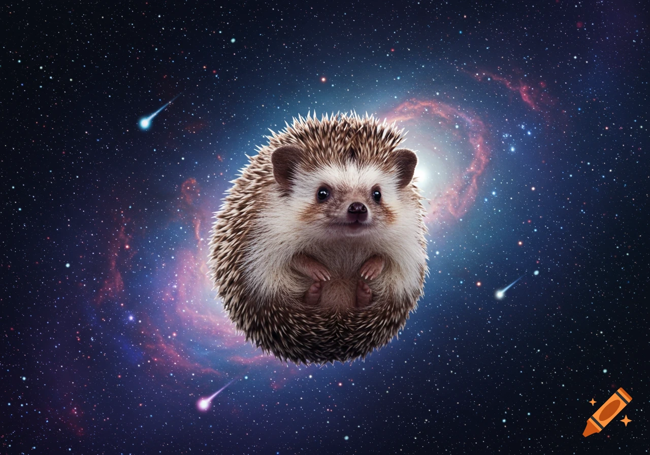 A cute hedgehog floats in a vibrant cosmic space filled with stars and nebulae.