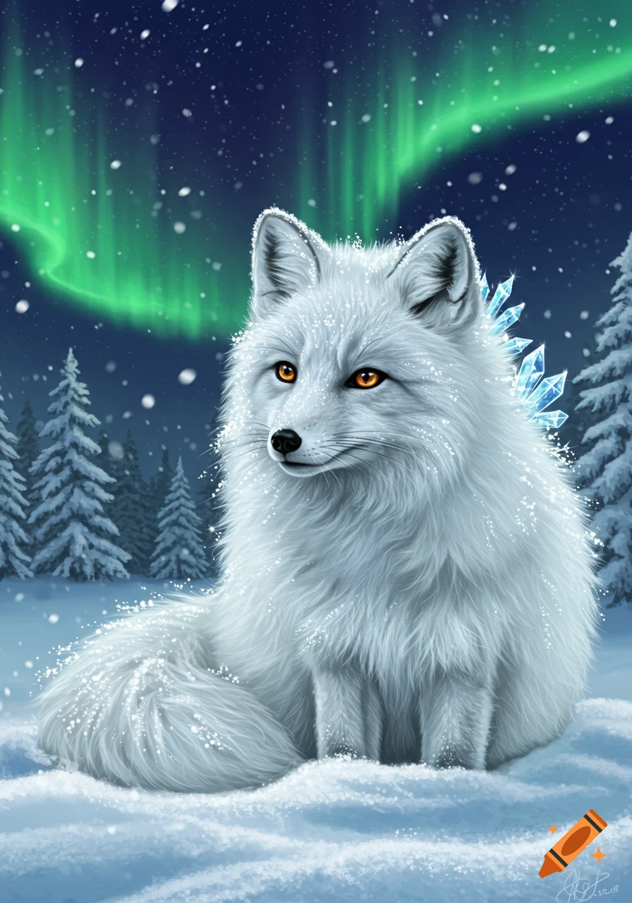 An illustrated white arctic fox with orange eyes and ice crystals on its back, sitting in sparkly snow under a dark sky with green aurora borealis.