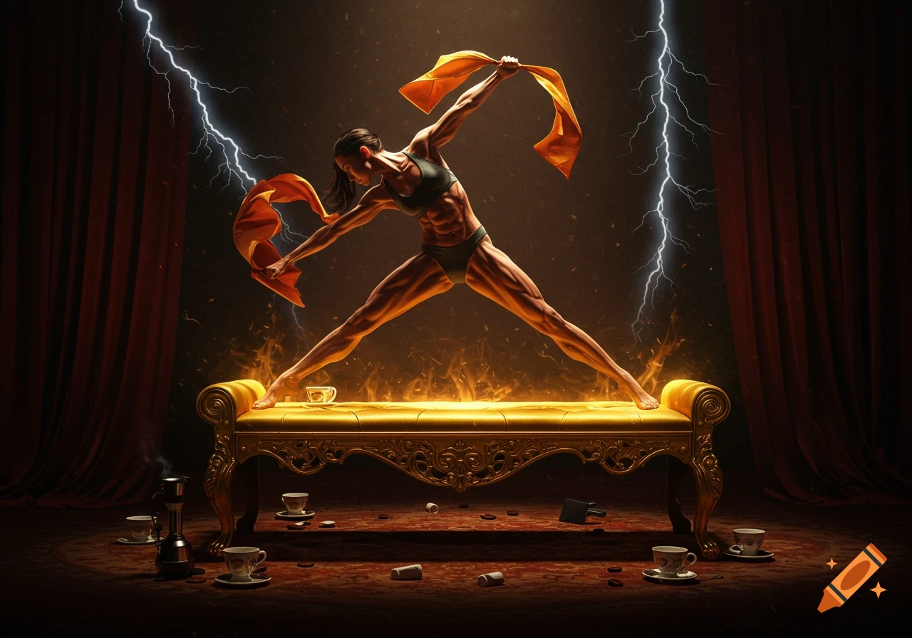 A muscular woman in a sports bra and briefs performing a wide split on a golden bench, with lightning and fire.
