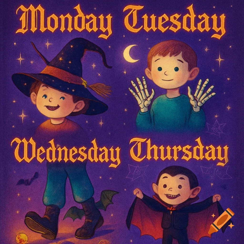 An illustrated Halloween poster showing four cartoon children in costumes. Text reads 'Monday Tuesday' and 'Wednesday Thursday'.