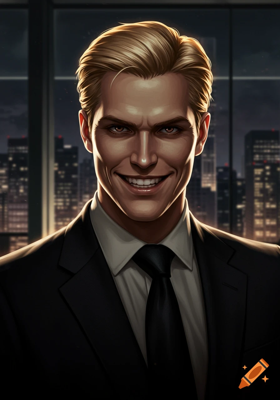 A man with slicked-back blonde hair and a sinister smile in a business suit, against a city night skyline in an illustration.