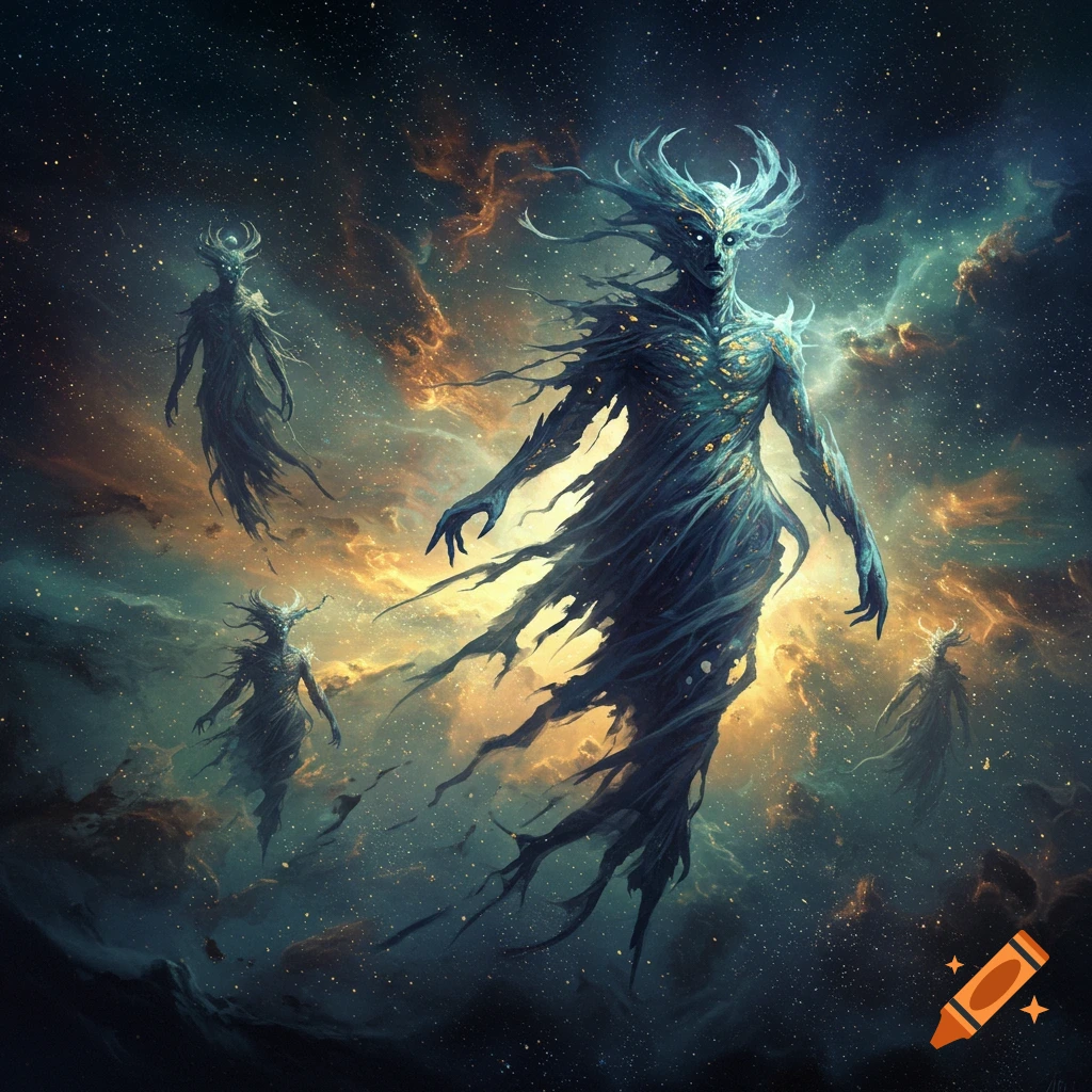 Ethereal, skeletal figures with glowing eyes and antler-like crowns float in a vast starry cosmos with glowing nebulae.