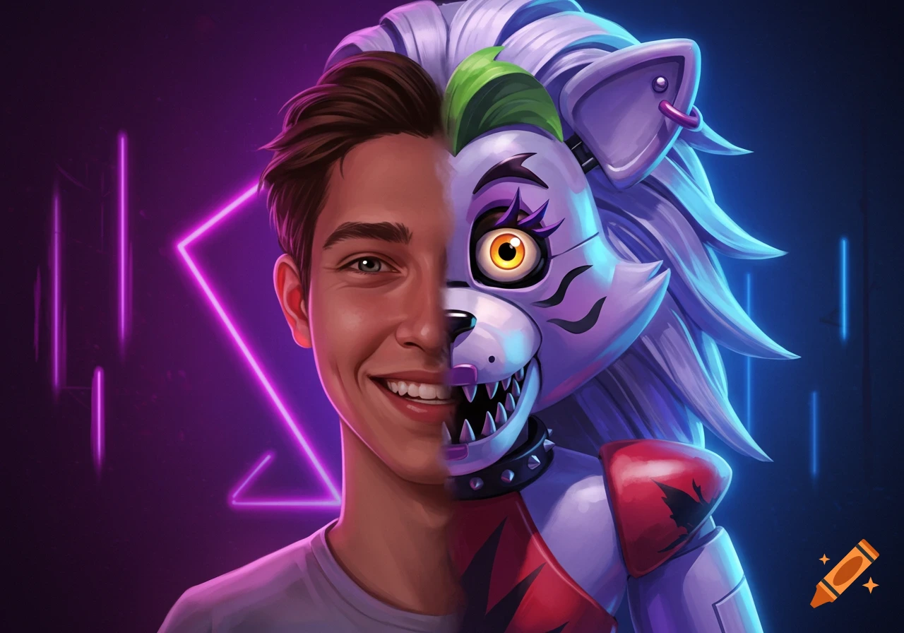 A digital illustration of a smiling young man's face merging with Roxanne Wolf from Five Nights at Freddy's, with a neon purple background.