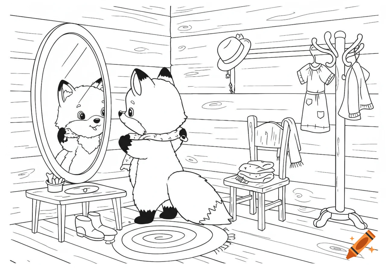 A cartoon fox looks at its reflection in a mirror, trying on clothes in a wooden room, presented as a black and white coloring page.