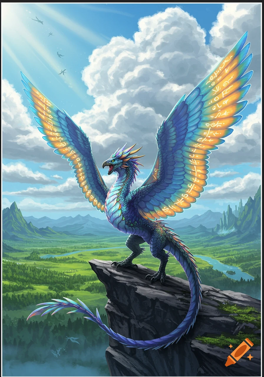 A vibrant blue and orange winged dragon-like creature with glowing markings stands on a rocky cliff overlooking a green valley under a bright sky.