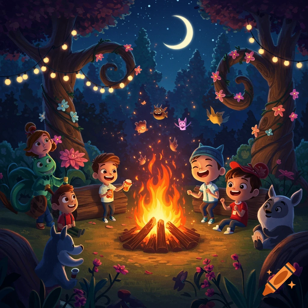 Whimsical cartoon illustration of children and fantasy creatures enjoying a campfire at night in a magical forest.