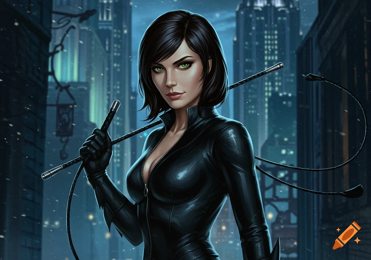 A woman with short black hair and green eyes, wearing a black leather suit and holding a whip, stands against a dark, snowy city skyline at night in an illustrated style.
