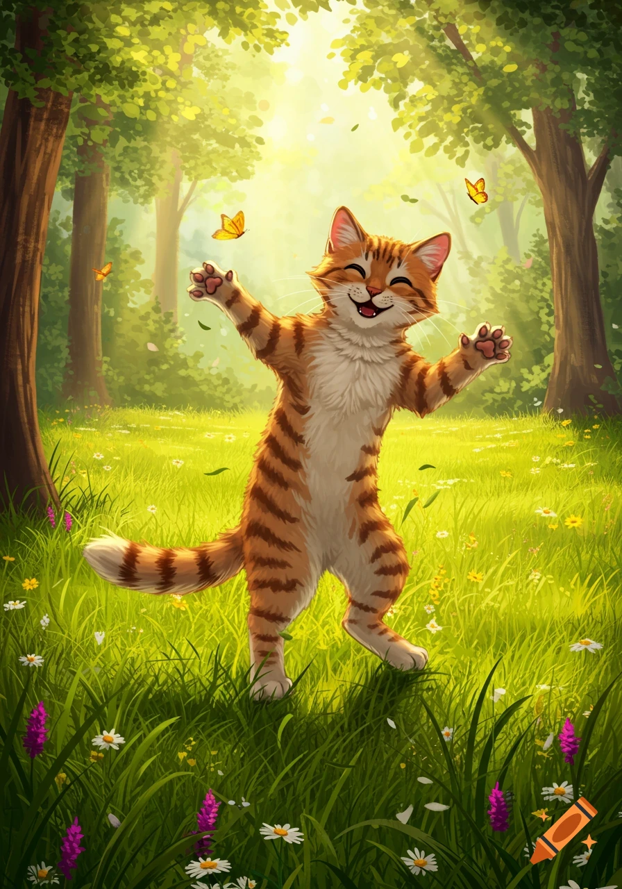 A happy, cartoonish orange tabby cat stands in a sunny forest clearing, arms outstretched, with butterflies flying around.