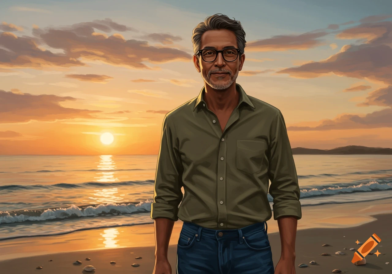 A middle-aged man with glasses and a beard stands on a beach with the ocean and a vibrant sunset in the background.