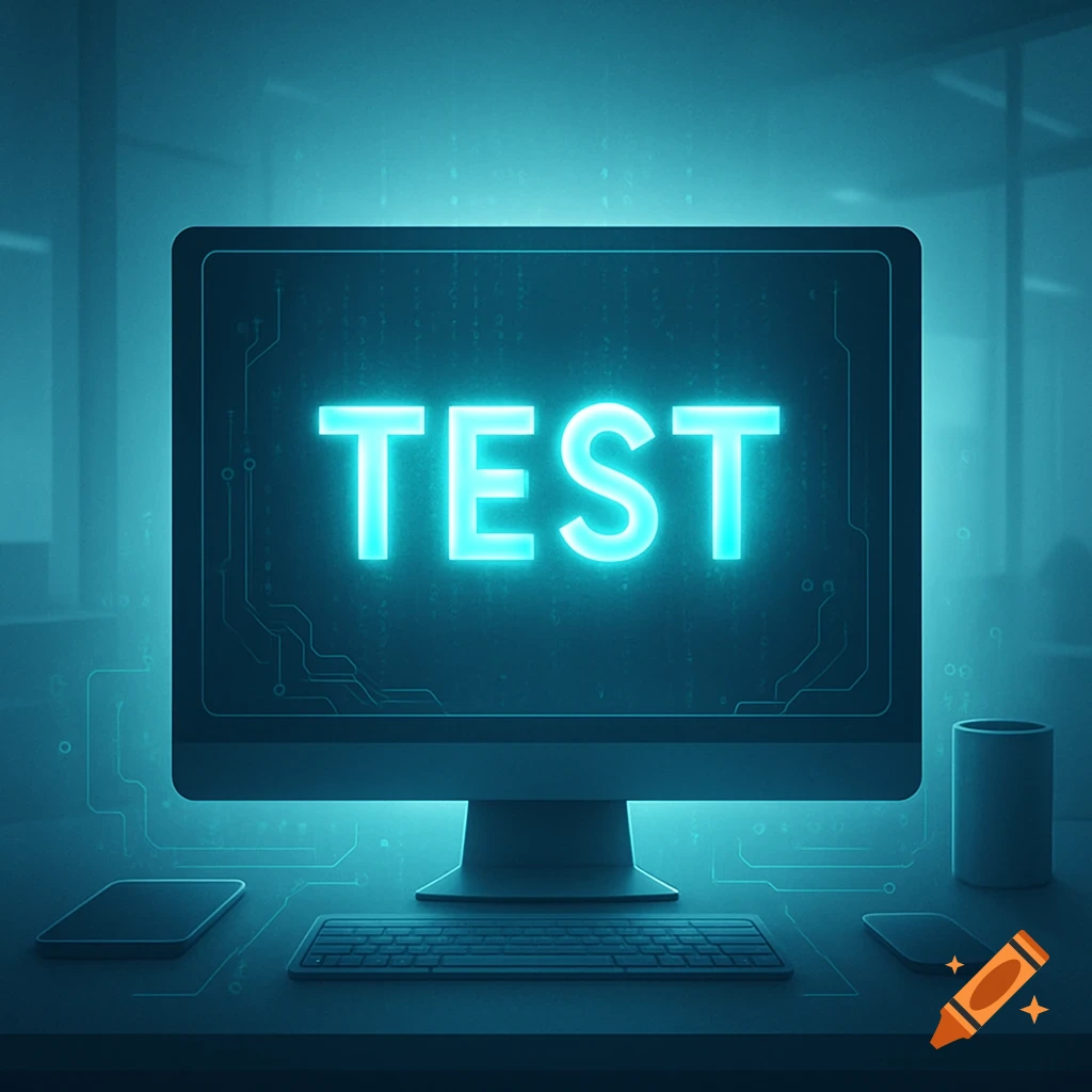 A glowing blue word TEST displayed on a computer monitor on a desk, in a futuristic, digital setting.