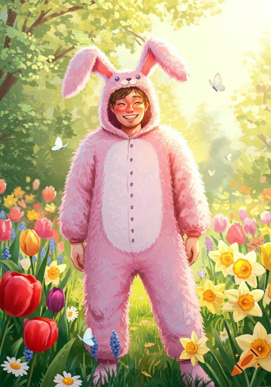 Smiling man in a pink bunny onesie stands amidst colorful spring flowers in a bright, illustrative style.