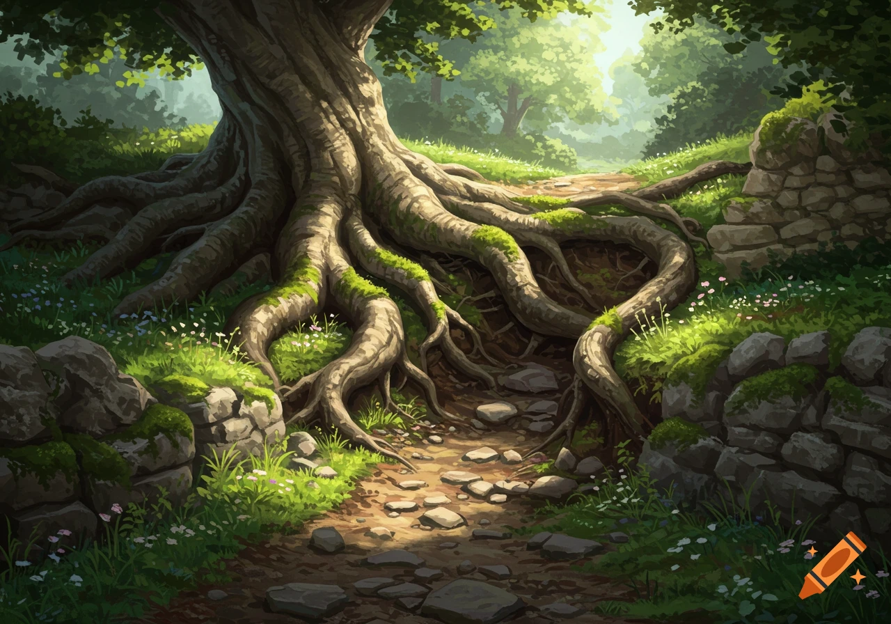 Massive tree roots spread over a stone footpath in a lush, green forest with dappled sunlight, in a fantasy illustration style.