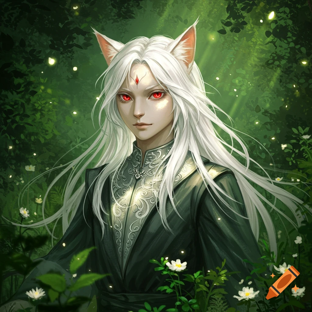 A white-haired cat boy with glowing red eyes, pointy ears, and an ornate dark green outfit stands in a verdant forest with glowing light specks.