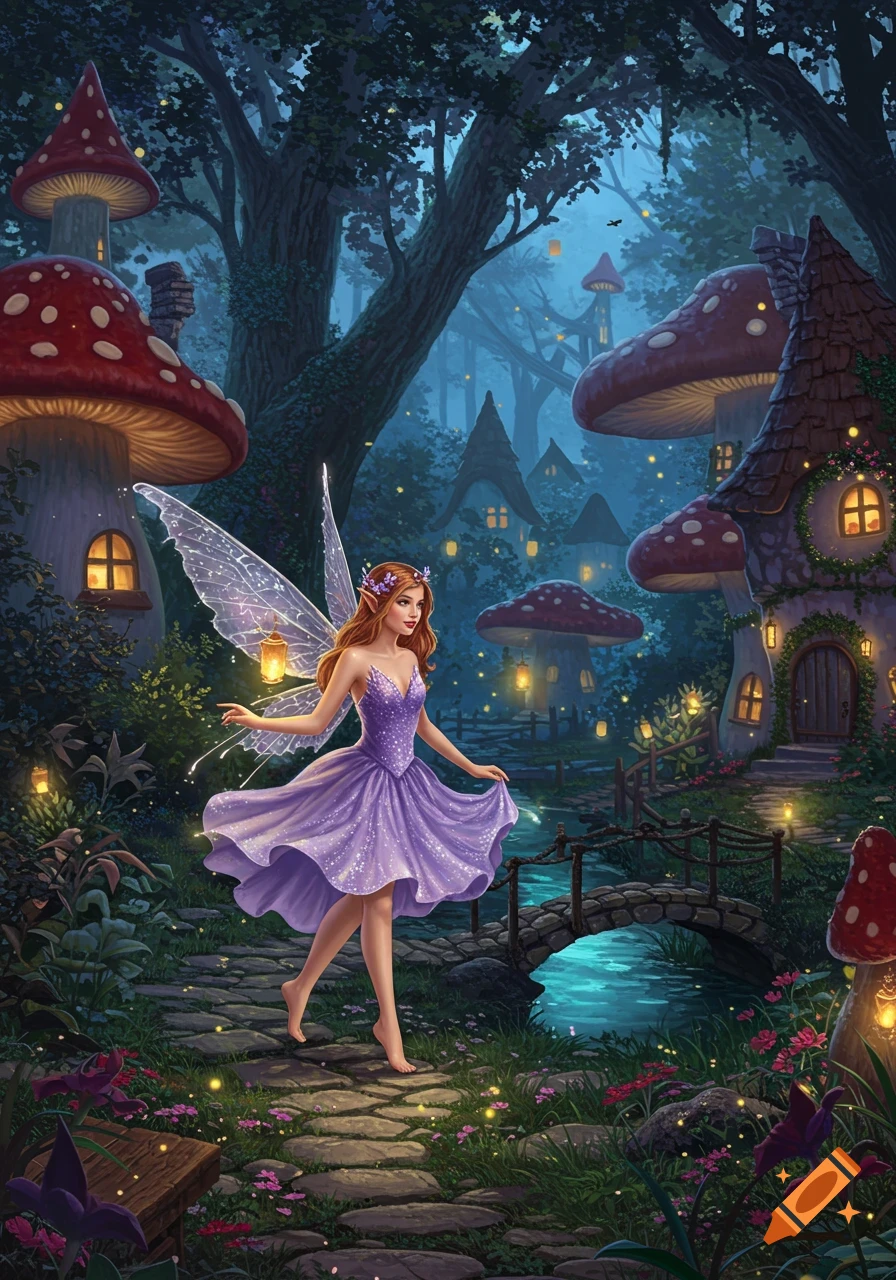A barefoot fairy in a shimmering purple dress walks on a stone path through an enchanted forest with glowing mushroom houses and fireflies.