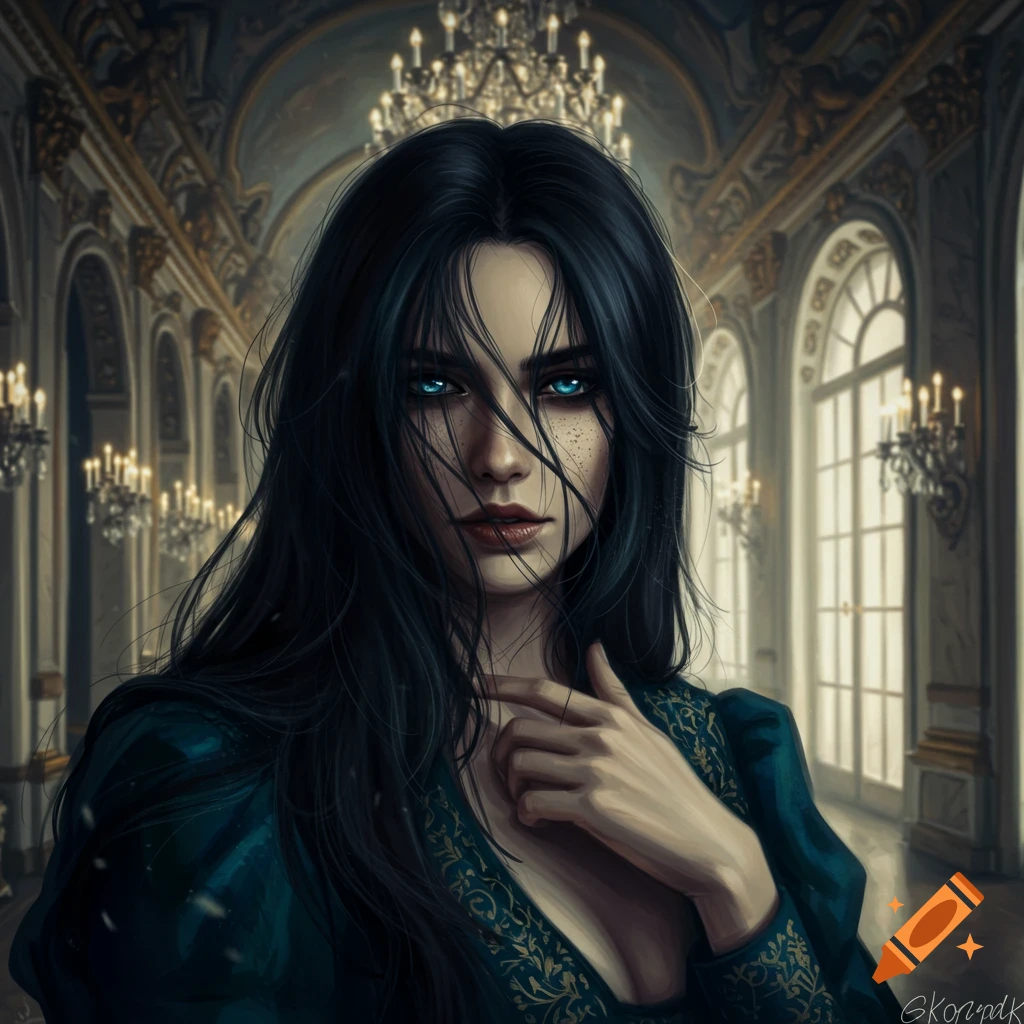 A digital painting of a dark-haired woman with piercing blue eyes, wearing a teal gown, standing in a grand, ornate hall.