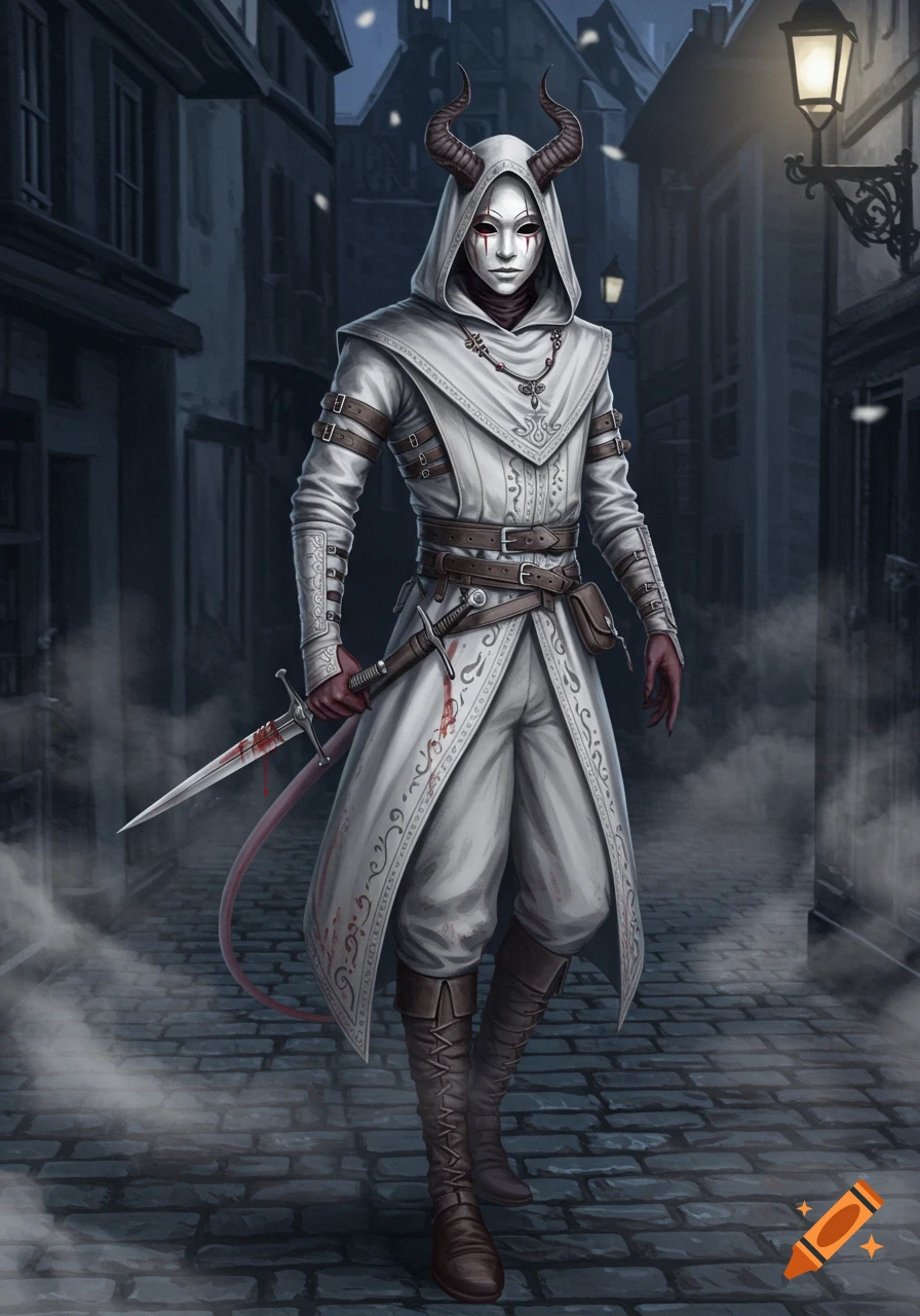 A masked tiefling in a white hooded thief outfit, with horns and a tail, stands in a dark cobblestone alley holding a blood-stained short sword.