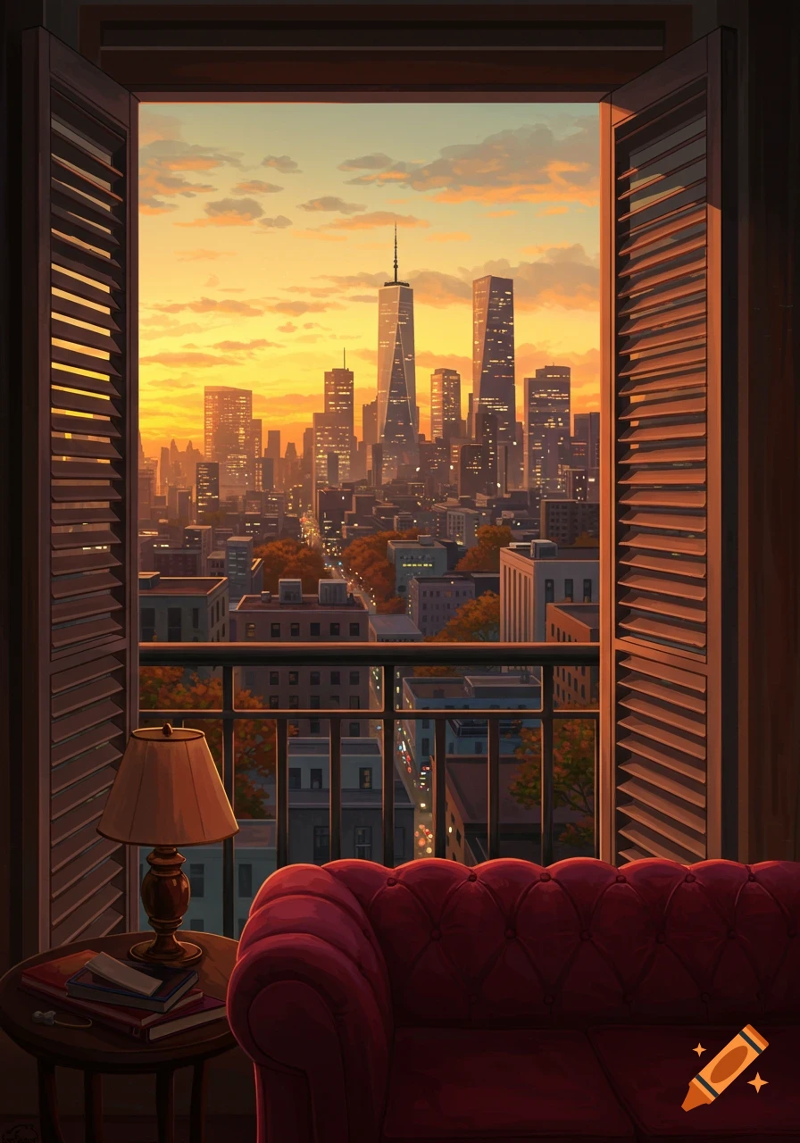 Illustrated city skyline at sunset viewed from an apartment window with a red couch, lamp, and books.