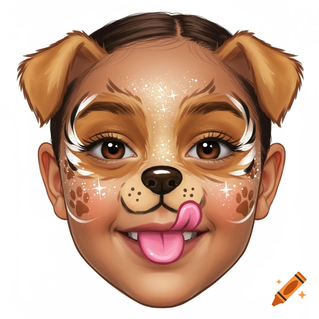 Smiling child's face illustration with sparkly brown and white dog face paint and tongue sticking out.