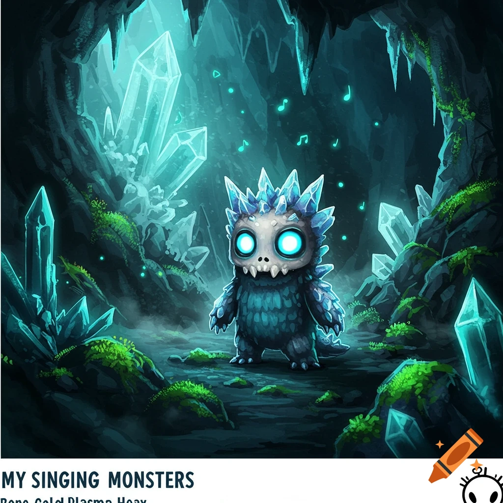 A cute, spiky blue monster with glowing eyes in a crystalline ice cave, with musical notes floating around it, in a stylized game art style.