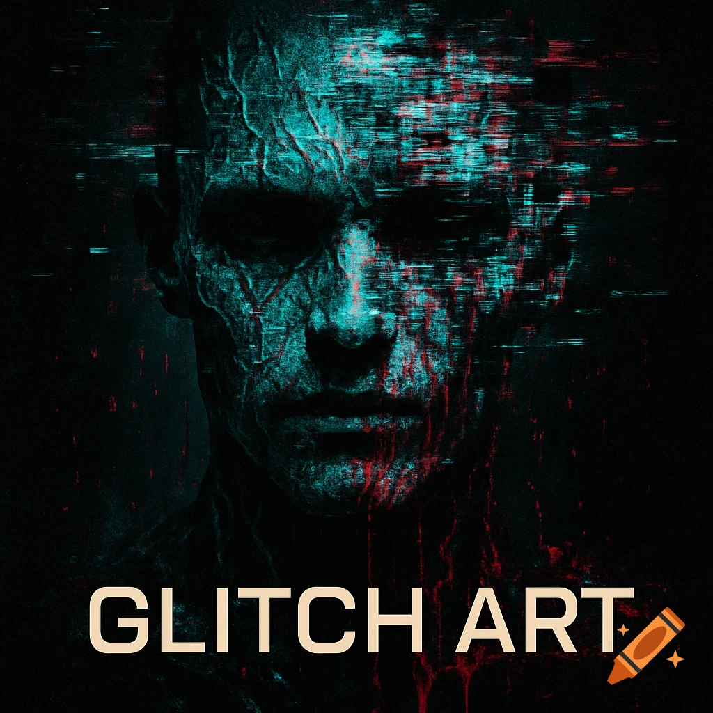 Distorted, glitched portrait of a face with cyan and red digital artifacts, noisy texture, and "GLITCH ART" text at the bottom.
