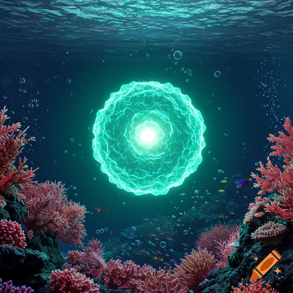 A glowing teal orb surrounded by vibrant red and orange coral reefs and small fish in clear blue ocean water.