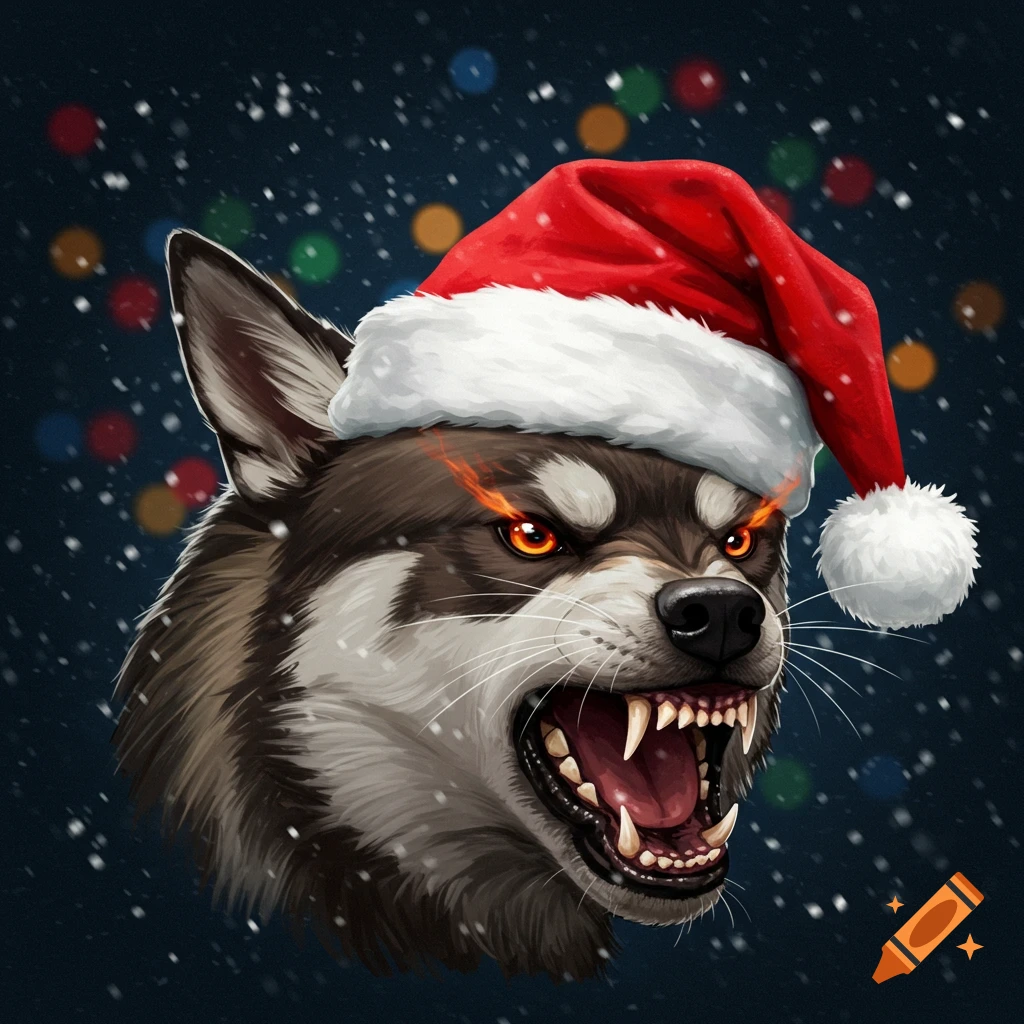 A snarling, brown and white wolf-like dog with glowing orange eyes wears a red Santa hat, surrounded by snow and colorful bokeh lights.