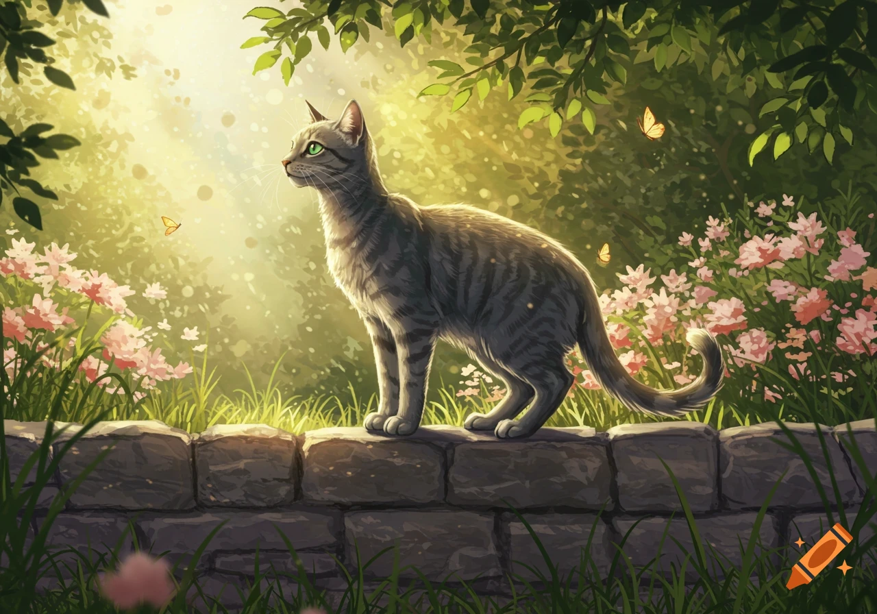 A gray tabby cat stands on a stone wall in a vibrant, sun-dappled garden with pink flowers and butterflies.