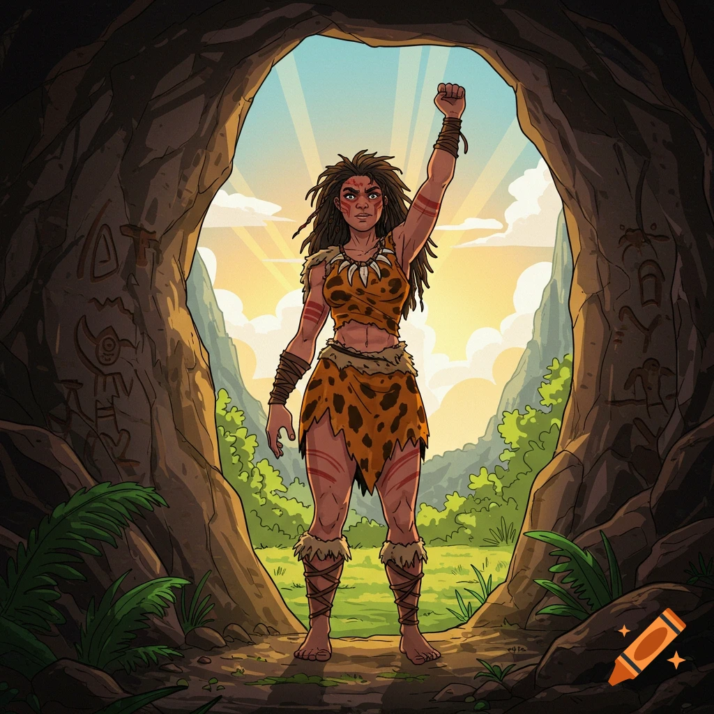 A comic style illustration of a cavewoman with raised fist, standing in a cave entrance overlooking a sunny valley.