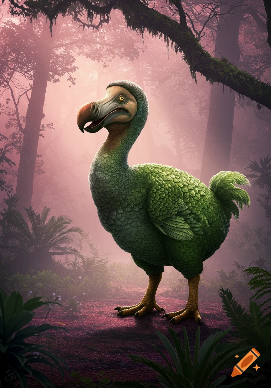 A green, scaly dodo-like bird stands in a misty, pink-hued forest in a photorealistic style.