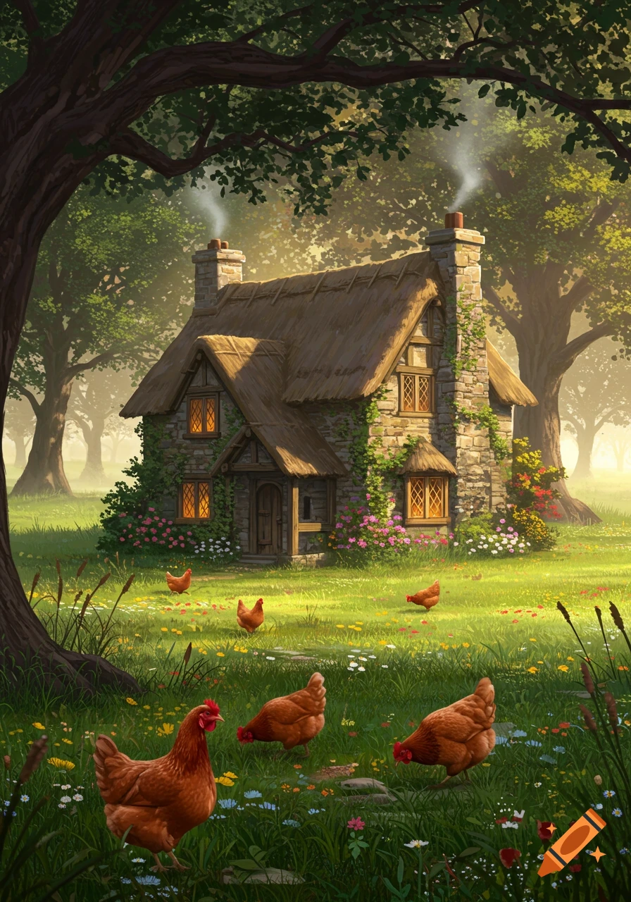 An idyllic illustrated stone and thatch cottage in a sunlit forest clearing, with brown hens foraging in flower-filled grass.