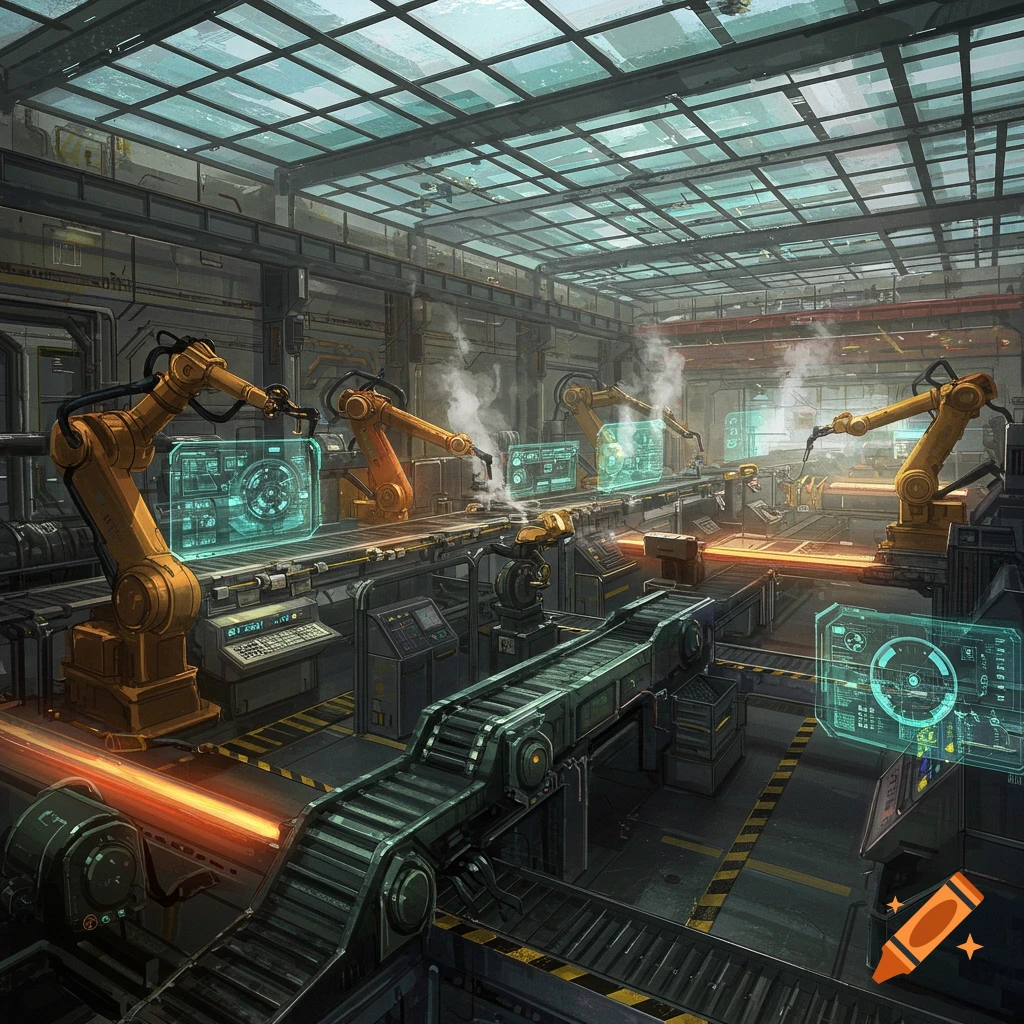 A detailed illustration of a futuristic factory with yellow robotic arms, conveyor belts, and glowing blue holographic interfaces.