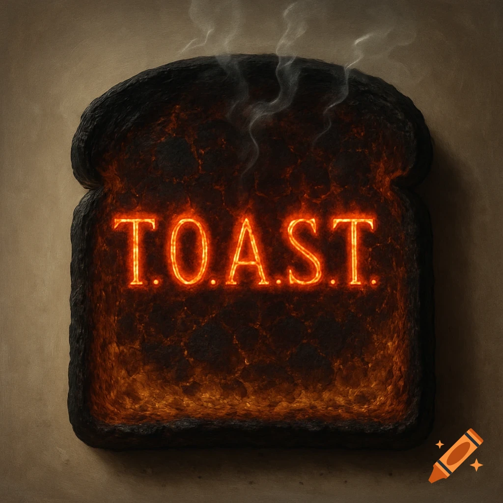 Heavily burnt slice of toast with the glowing red-hot letters 'T.O.A.S.T.' emblazoned on its smoky surface.