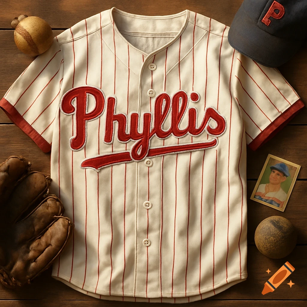 A vintage-style baseball jersey with 'Phyllis' on it, a cap, glove, baseballs, and a baseball card on a wooden surface.