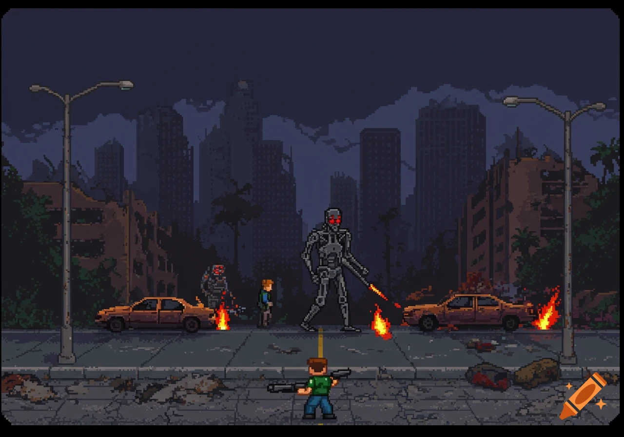 Pixel art scene of a man with a shotgun facing two Terminator robots and burning cars on a ruined city street at night.