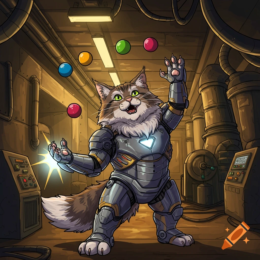 A cartoon Maine Coon cat in an Iron Man suit juggles colorful balls in a factory setting.