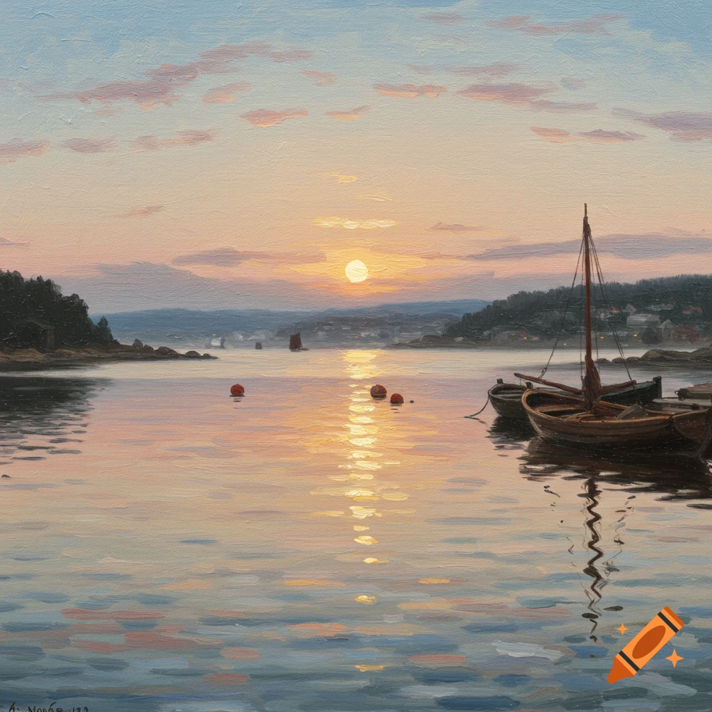 Oil painting of boats at sunset on a tranquil fjord with distant land and a glowing sun reflecting on the water.