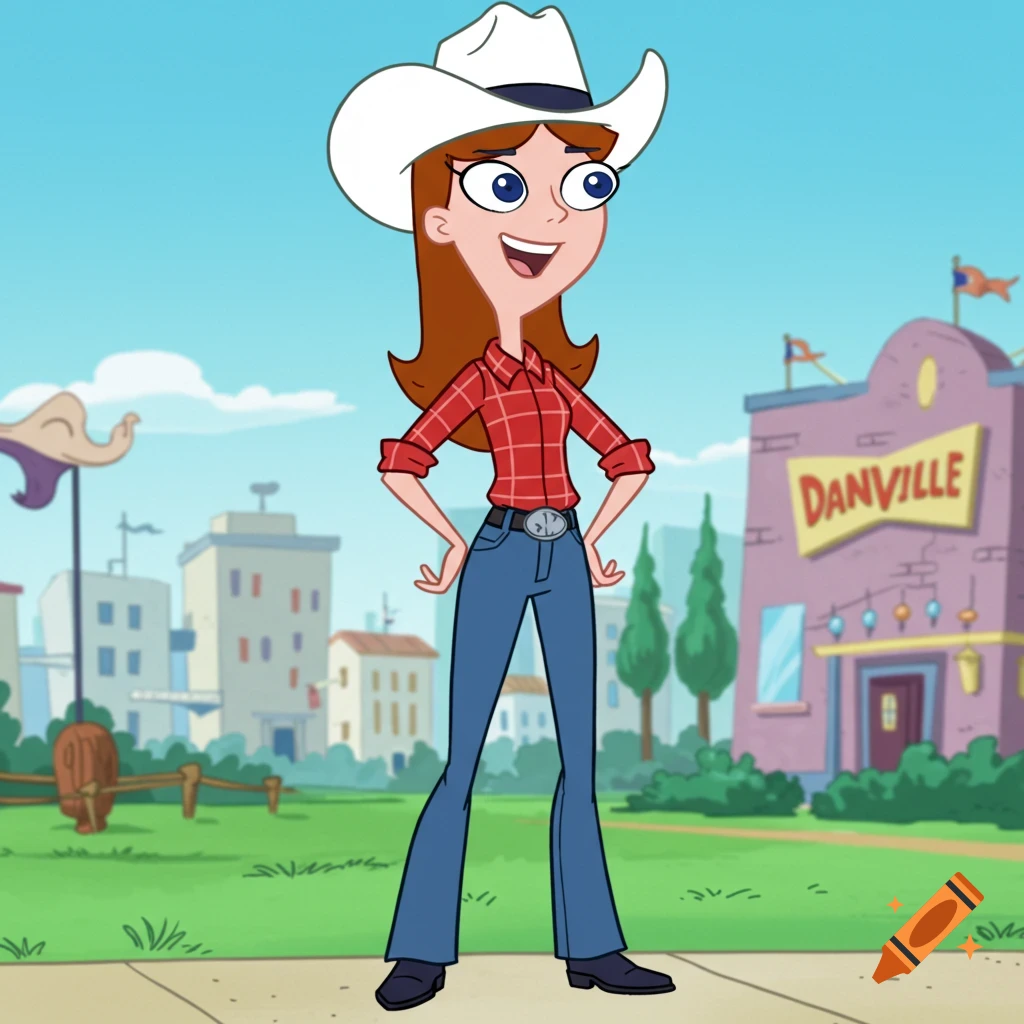 Candace from Phineas and Ferb wearing a white cowboy hat, red plaid shirt, blue jeans, and cowboy boots, standing in Danville.