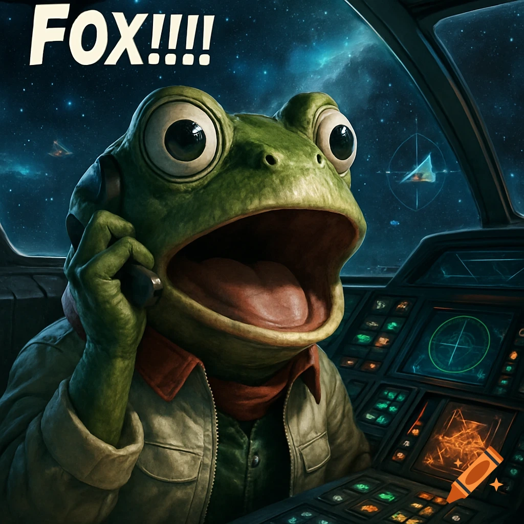 An alarmed green frog-like alien in a spaceship cockpit, wearing a headset, with the text "FOX!!!!" above him.