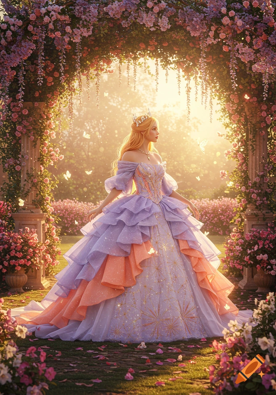 A blonde princess in an ornate lavender and peach ball gown and crown stands in a magical, flower-filled garden at sunset.