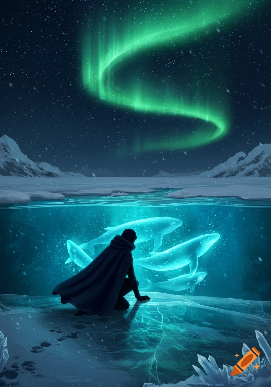 A cloaked figure kneels on cracking ice, gazing at glowing whales swimming below, illuminated by the green aurora borealis.
