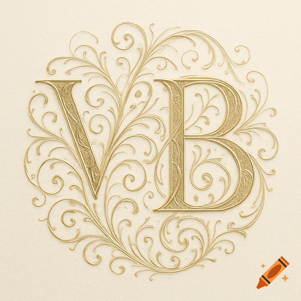 Ornate gold filigree monogram featuring the intertwined letters V and B on a textured cream background.