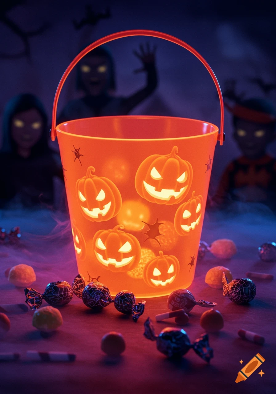 A glowing orange Halloween bucket decorated with jack-o'-lanterns, surrounded by candy, with blurred spooky figures in the background.